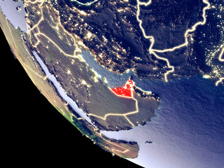 Orbit view of United Arab Emirates at night with bright city lights. Very detailed plastic planet surface.