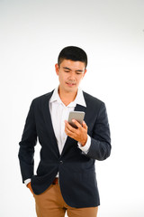 MEN BUSINESS WITH MOBILE PHONE OR CREDIT CARD IN WHITE BLACKGROUND