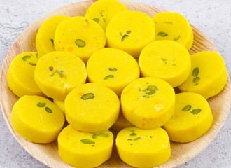 Indian Sweet Food Kesar Peda Also Know as Kesar Mawa Peda, Saffron Sweet, Saffron Peda, Pedha, Pera or Peday is a Saffron Flavoured Soft, Dense Sweet That is Specially Made During Festivals