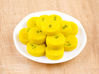 Indian Sweet Food Kesar Peda Also Know as Kesar Mawa Peda, Saffron Sweet, Saffron Peda, Pedha, Pera or Peday is a Saffron Flavoured Soft, Dense Sweet That is Specially Made During Festivals