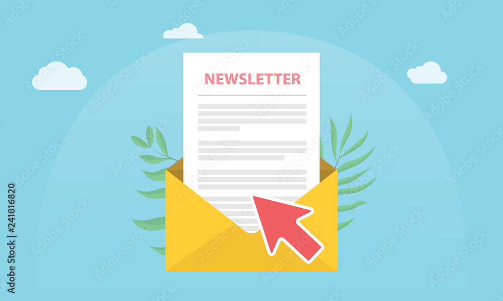 Poster subscribe newsletter concept isolated with news paper and open envelope and subscribing arrow click