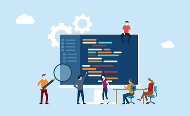 programming team development working together on the office writing code program