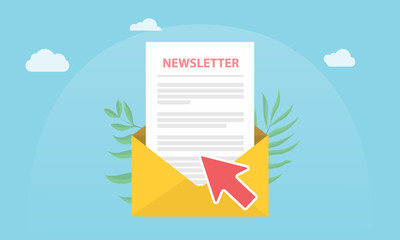 subscribe newsletter concept isolated with news paper and open envelope and subscribing arrow click