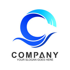 blue wave letter C logo design