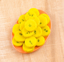Indian Sweet Food Kesar Peda Also Know as Kesar Mawa Peda, Saffron Sweet, Saffron Peda, Pedha, Pera or Peday is a Saffron Flavoured Soft, Dense Sweet That is Specially Made During Festivals