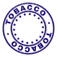 TOBACCO stamp seal imprint with grunge texture. Designed with round shapes and stars. Blue vector rubber print of TOBACCO label with retro texture.
