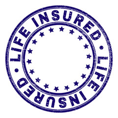 LIFE INSURED stamp seal imprint with grunge texture. Designed with circles and stars. Blue vector rubber print of LIFE INSURED caption with grunge texture.