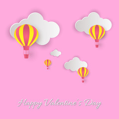 Obraz premium Happy Valentine's Day! Beautiful clouds and air balloons! Abstract paper art 3D vector illustration on pink background. Valentines Day card. 