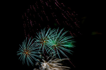 New year holiday fireworks on the banks of the Neva river in St. Petersburg.