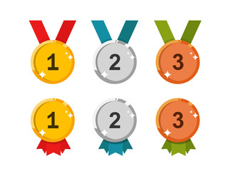 A set of isolated medals in flat style. Golden medal. Silver medal. Bronze medal. Reward.