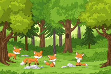 Cute foxes in the forest, hand draw illustration