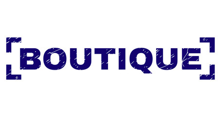 BOUTIQUE text seal stamp with corroded effect. Text caption is placed between corners. Blue vector rubber print of BOUTIQUE with corroded texture.