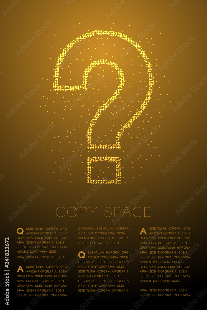 Poster abstract geometric bokeh circle dot pixel pattern question mark sign icon, doubt concept design gold