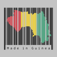Barcode set the shape to Guinea map outline and the color of Guinea flag on black barcode with grey background.
