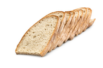 Row of pieces of bread on white.