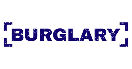 BURGLARY tag seal print with distress texture. Text tag is placed between corners. Blue vector rubber print of BURGLARY with dirty texture.