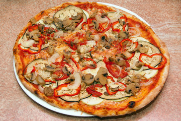 Fresh Vegetarian Pizza On The Plate, Marble Background