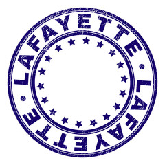 LAFAYETTE stamp seal imprint with grunge texture. Designed with round shapes and stars. Blue vector rubber print of LAFAYETTE label with grunge texture.