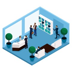 Trend isometric people, a room communicating room front view, a large office room, reception, office workers, businessmen and business woman in suits isolated on a light background