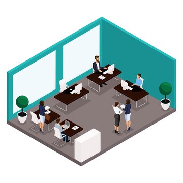 Trend isometric people, a room, an office Rear view of a large office room, work, office workers, businessmen and business woman in suits isolated on a light background. Vector illustrations