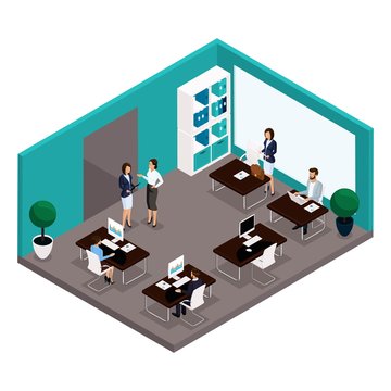 Trend isometric people, a room, an office front view, a large office room, work, office workers, businessmen and business woman in suits isolated on a light background. Vector illustrations
