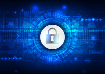 Safety concept, Closed Padlock on digital, cyber security, blue abstract hi speed internet technology vector background illustration.