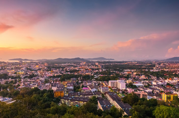 Fototapeta na wymiar Sunrise of phuket town at khao rang hill view point Phuket, Thailand