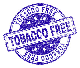 TOBACCO FREE stamp seal imprint with grunge texture. Designed with rounded rectangles and circles. Blue vector rubber print of TOBACCO FREE tag with corroded texture.