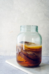 Healthy homemade fermented raw kombucha tea, with natural probiotic characteristics.