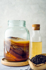 Healthy homemade fermented raw kombucha tea, with natural probiotic characteristics.