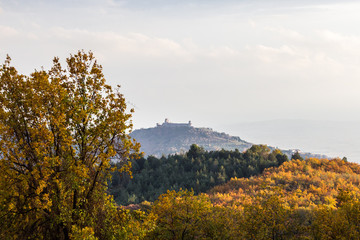 Beautiful view of Assisi town (Umbria) and St.Francis church in autumn from an unusual place, behind an hill with orange and yellow trees