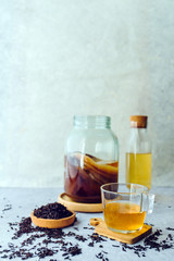 Healthy homemade fermented raw kombucha tea, with natural probiotic characteristics.