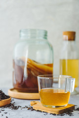 Healthy homemade fermented raw kombucha tea, with natural probiotic characteristics.