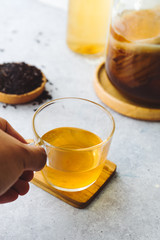 Healthy homemade fermented raw kombucha tea, with natural probiotic characteristics.
