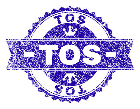 recommend clip art: TOS rosette stamp seal overlay with grunge texture. Designed with round rosette, ribbon and small crowns. Blue vector rubber print of TOS text with retro texture.