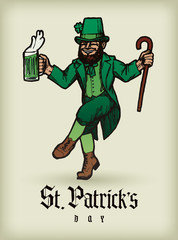 St. Patrick's day Leprechaun Guy dancing with a beer and a stick - vintage realistic illustration