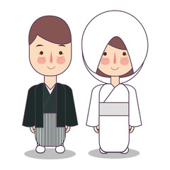 Japanese wedding Couple, cute Japan traditional clothes costume bride and groom cartoon vector illustration