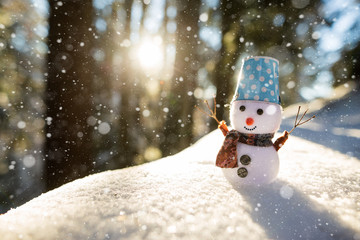 Happy snowman standing in winter christmas landscape. Snowman smiling standing in snow near spruce trees - 241826437