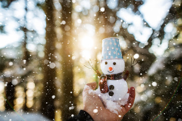 Cute litl snowman in hand. Snowman smiling near spruce trees