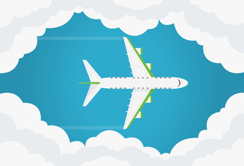 Airplane in the air top view. Flies in the blue sky among the clouds. Airplane view from above isolated. Simple template or banner design with place for text. Flat style realistic vector illustration.