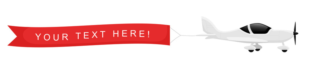 Plane with banner in the sky isolated on white background. Air vehicle with an empty ribbon for advertising. Simple realistic and modern design. Flat style vector illustration. © Ihor