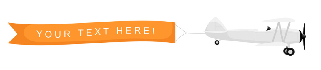 Plane with banner in the sky isolated on white background. Air vehicle with an empty ribbon for advertising. Simple realistic and modern design. Flat style vector illustration. © Ihor