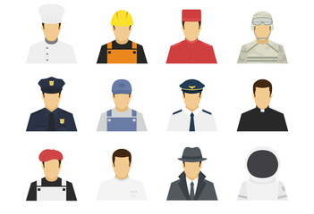 Professions set avatar icons. Male or female people characters. Cook, builder, concierge, soldier, policeman, pilot, artist, sportsman, detective, cosmonaut, plumber. Flat simple vector illustration.