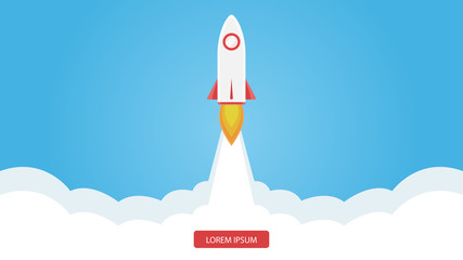 Naklejka na ściany i meble Rocket flying isolated on white background. Icon and logo. Cute simple realistic space ship launch design. Template or banner for start up and success. Flat style vector illustration.
