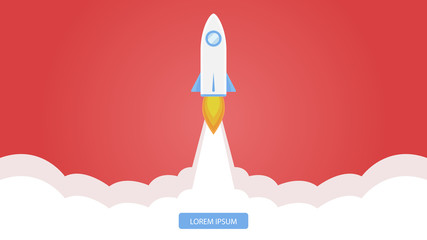 Rocket flying isolated on white background. Icon and logo. Cute simple realistic space ship launch design. Template or banner for start up and success. Flat style vector illustration.