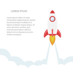 Rocket flying isolated on white background. Icon and logo. Cute simple realistic space ship launch design. Template or banner for start up and success. Flat style vector illustration.