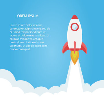 Rocket flying isolated on white background. Icon and logo. Cute simple realistic space ship launch design. Template or banner for start up and success. Flat style vector illustration.