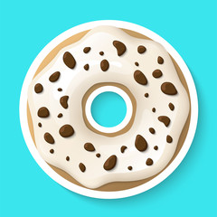 Donut isolated on a white background. Cute, colorful and glossy donuts with white vanilla glaze and chocolate powder. Realistic sticker. Simple modern design. Realistic vector illustration.
