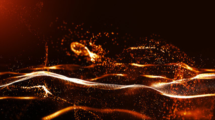 Abstract gold color digital particles wave with dust and light background