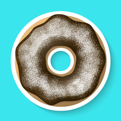 Donut isolated on a white background. Cute, colorful and glossy donuts with chocolate glaze and white powder. Realistic sticker. Icon or logo. Simple modern design. Realistic vector illustration.